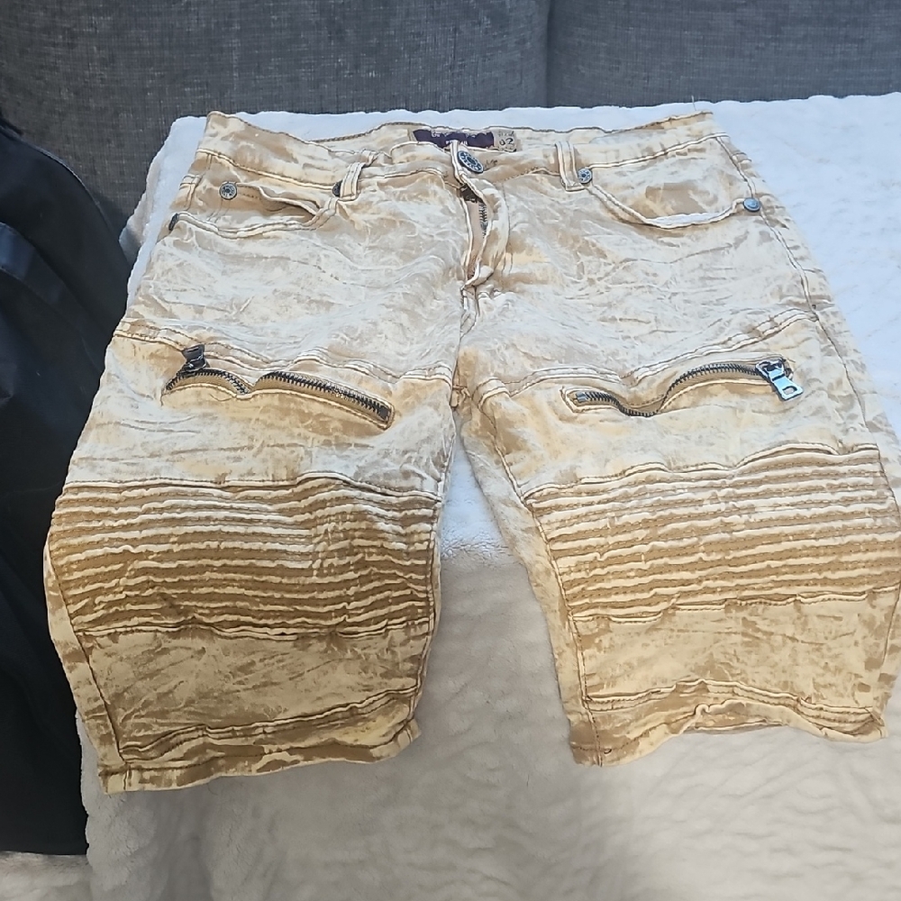 Tan Moto Jean Shorts with Distressed Design